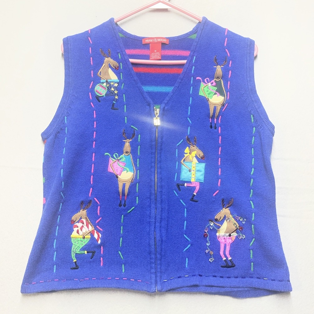 Merry & Bright Christmas Sweater Vest Sz M Reindeer Embellished Beaded Blue